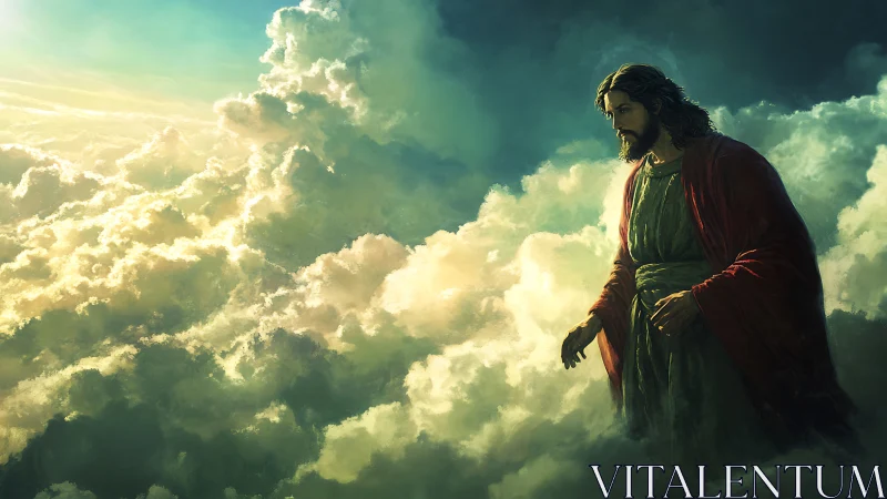 Digital portrait of robed man walking through luminous clouds