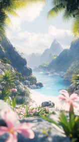 Tropical cove with turquoise lagoon and misty granite peaks.