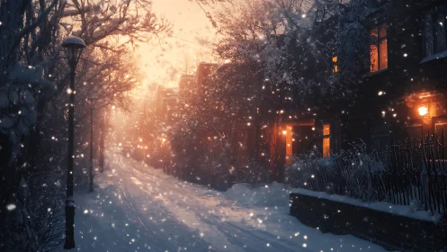 Snowlit city street glows with ember windows and hushed wonder.
