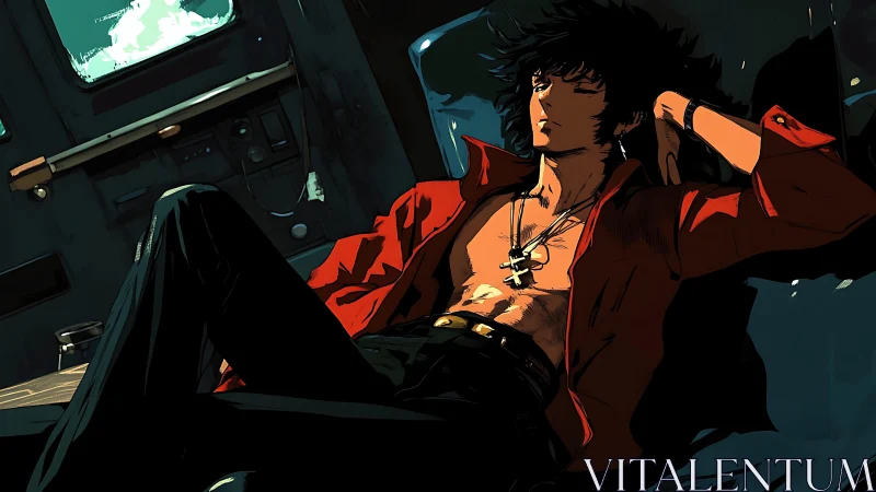 Noir-lit anime drifter reclining in retrofuturist cabin.