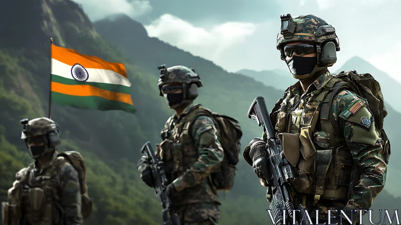 Modern soldiers stand armed before Indian flag in mountains
