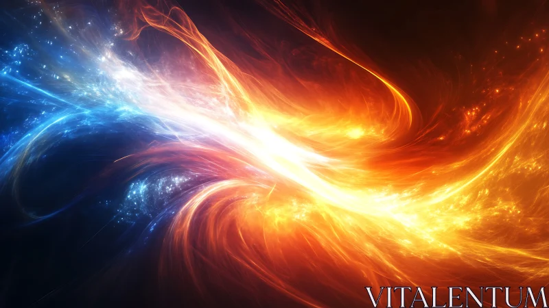 Digital painting of colliding blue and orange energy streams.