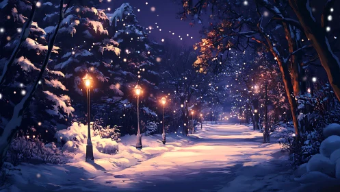 Snow-covered pathway extends under lampposts at night