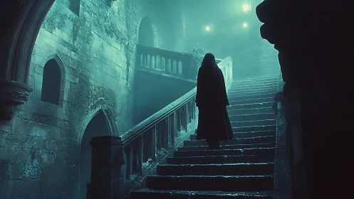 Cloaked figure ascends damp stone stairwell in fog-saturated ruins