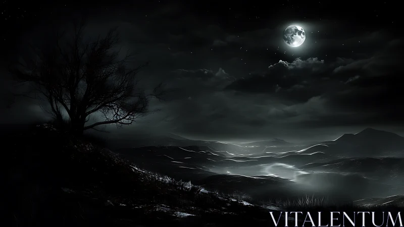 Moonlit barren landscape glows under a brooding night sky