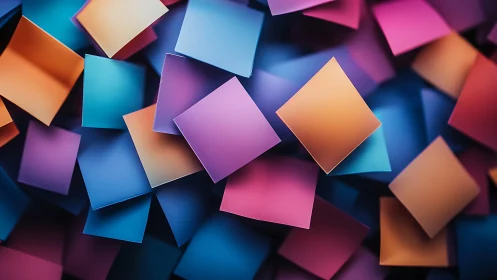 Chromatic floating squares in layered geometric abstraction.