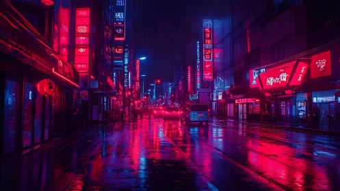 Neon-lit rain-soaked city street displays strong magenta-blue contrast