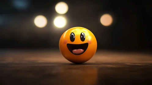 Smiling yellow emoticon sphere rendered with cinematic bokeh lighting