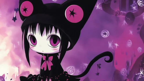 Gothic chibi cat-girl in magenta nebular fantasy field.