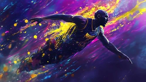 Basketball player in lateral dive amid neon color streaks.