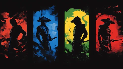 Digital painting quadriptych of silhouetted samurai warriors.