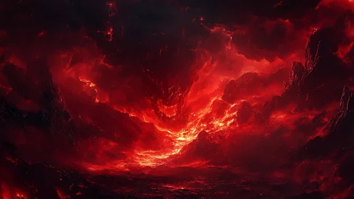 Infernal lava abyss forms a demonic visage in firestorm.
