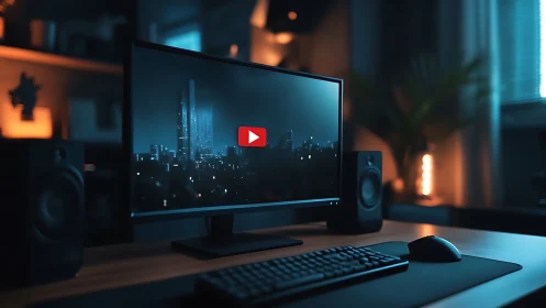 Minimalist PC desk setup glows in cinematic blue light.