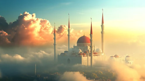 Sunlit sky mosque with red domes above glowing clouds.