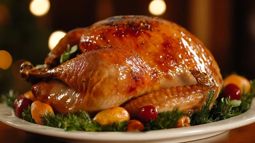 Roasted poultry with garnish on white plate.