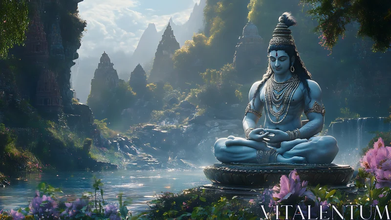 Seated blue deity statue by river in mountainous temple valley.