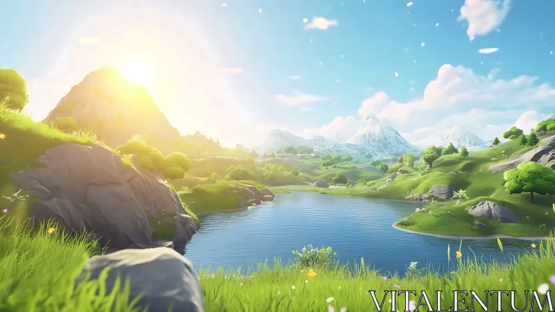 Sunlit valley lake where quiet hills meet bright skies.