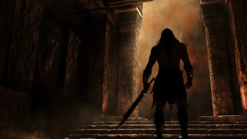Warrior stands in ruined stone temple facing fiery light