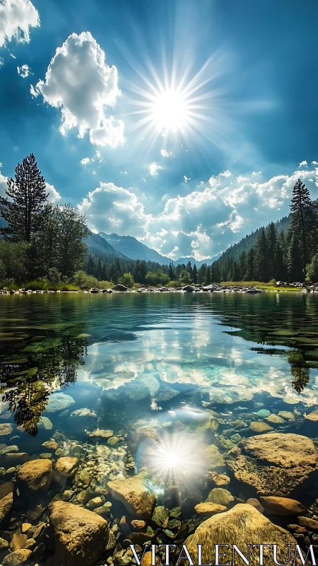 Mountain lake mirrors blazing sun and crystal reflections.