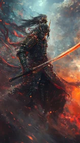 Digital painting of samurai warrior amid swirling firestorm clouds.