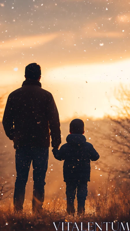 Father and child standing in glowing sunset snowfall scene.