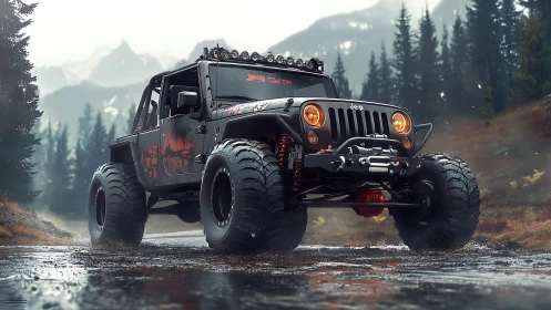 Mud-soaked mountain Jeep growls through a stormy alpine pass