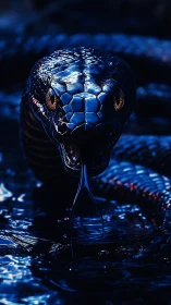 Midnight serpent gazes calmly from shimmering dark water