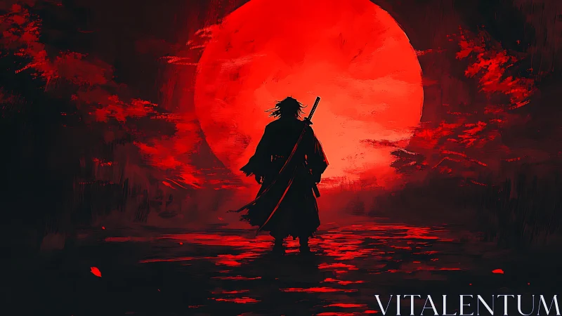 Lone samurai strides toward a colossal blood-red moon.