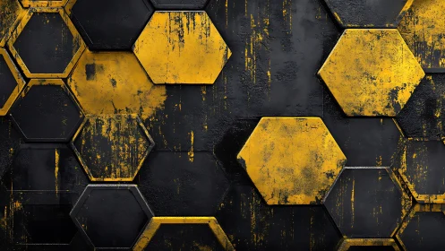 Industrial yellow hexagon grid with distressed textures.