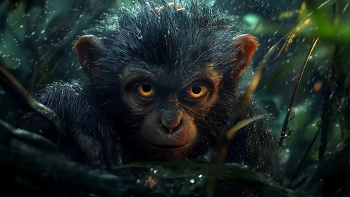 Rain-soaked jungle baby monkey with ember-bright eyes.