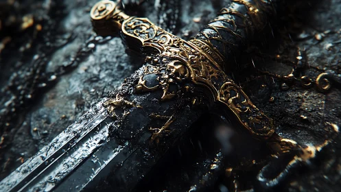 Weathered gilded longsword hilt with rain-slick corrosion details.