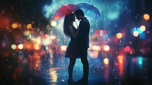 Silhouetted Couple Under Umbrella: Urban Rain Scene with Bokeh