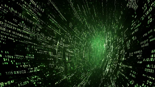 Green digital code tunnel with flowing binary data