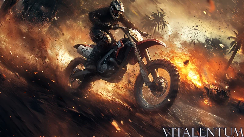 Flame-laced dirt bike slashes through a storm of desert fire