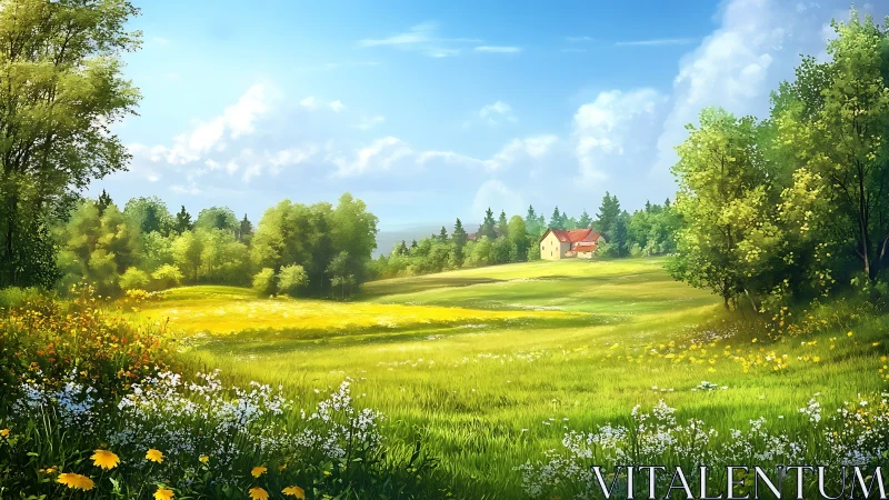 Sunlit countryside meadow with distant farmhouse under blue sky
