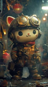 Brave steampunk kitty explorer smiling in a rainy alleyway.