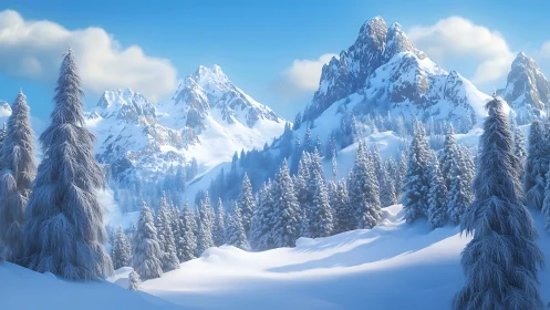 Snowy alpine valley rests beneath towering winter peaks.