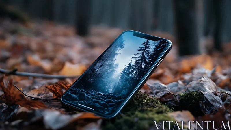 Cool smartphone rests in autumn leaves, reflecting quiet forest