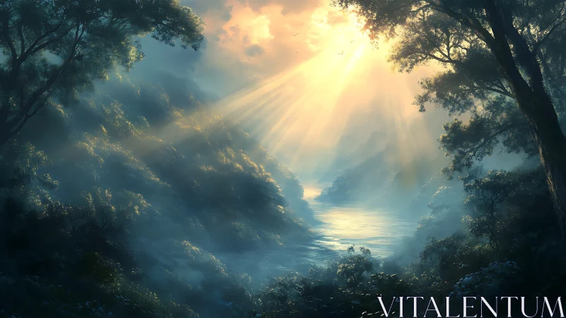 Sunlit river gorge renders atmospheric depth through volumetric light