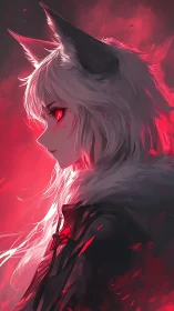 White haired wolf girl in red glowing profile portrait.