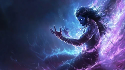 Digital painting of cosmic deity with bioluminescent energy aura.