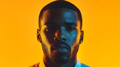 Portrait under teal rim light against vivid orange backdrop.