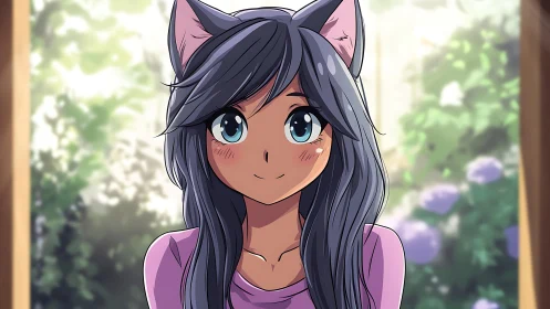 Soft-lit catgirl portrait in serene garden doorway view.