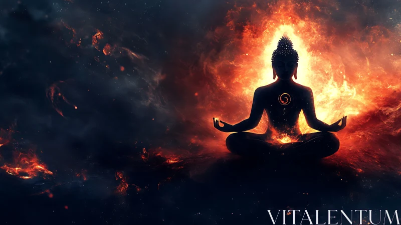 Meditating silhouette with fiery cosmic aura and glowing core.