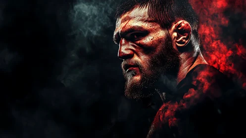 Scarred fighter profile under red smoke battle light.