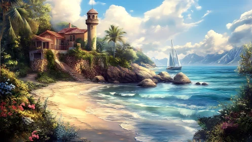 Mediterranean Coastal Villa: Digital Landscape with Sailboat.