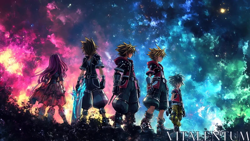 Five silhouetted figures against nebula sky background.