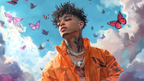 Stylized portrait of tattooed youth amid saturated sky and butterflies