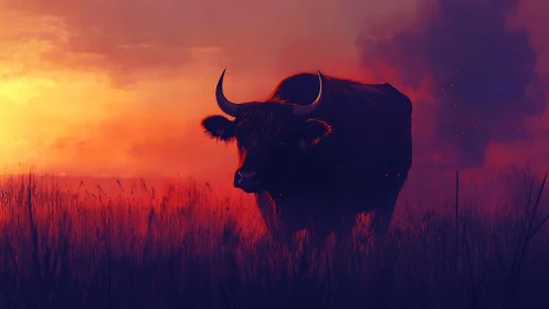 Silhouetted bison stands in burning dusk prairie haze