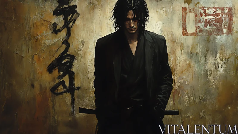 Moody lone swordsman resting against a weathered wall.